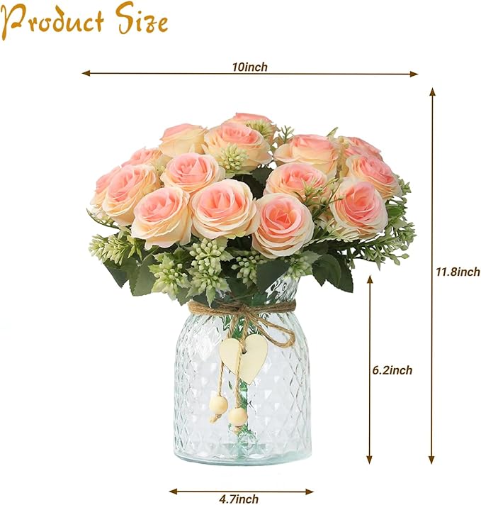 Fake Flowers in Vase,Fake Flowers with Vase 18 Pcs Faux Rose Flowers,Artificial Flowers for Home Decor, Indoor Centerpiece for Living Room & Dining Table (Pink)
