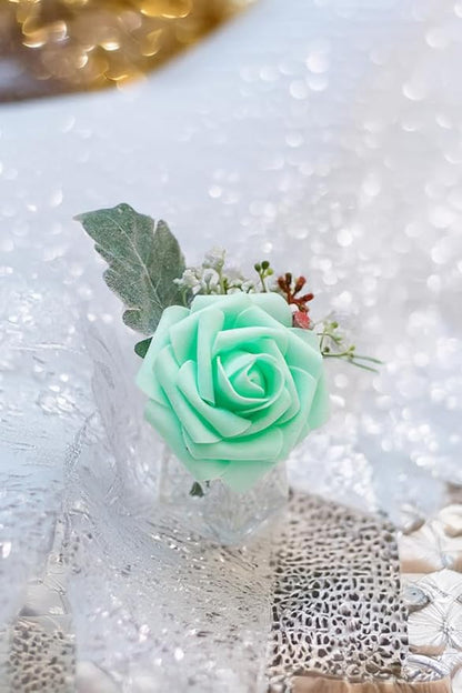 Light Green Artificial Roses 25pcs, Real Looking Fake Foam Flowers with Stems for DIY Wedding Bouquets, Baby Shower, Centerpieces, Spring Party, Home Decor