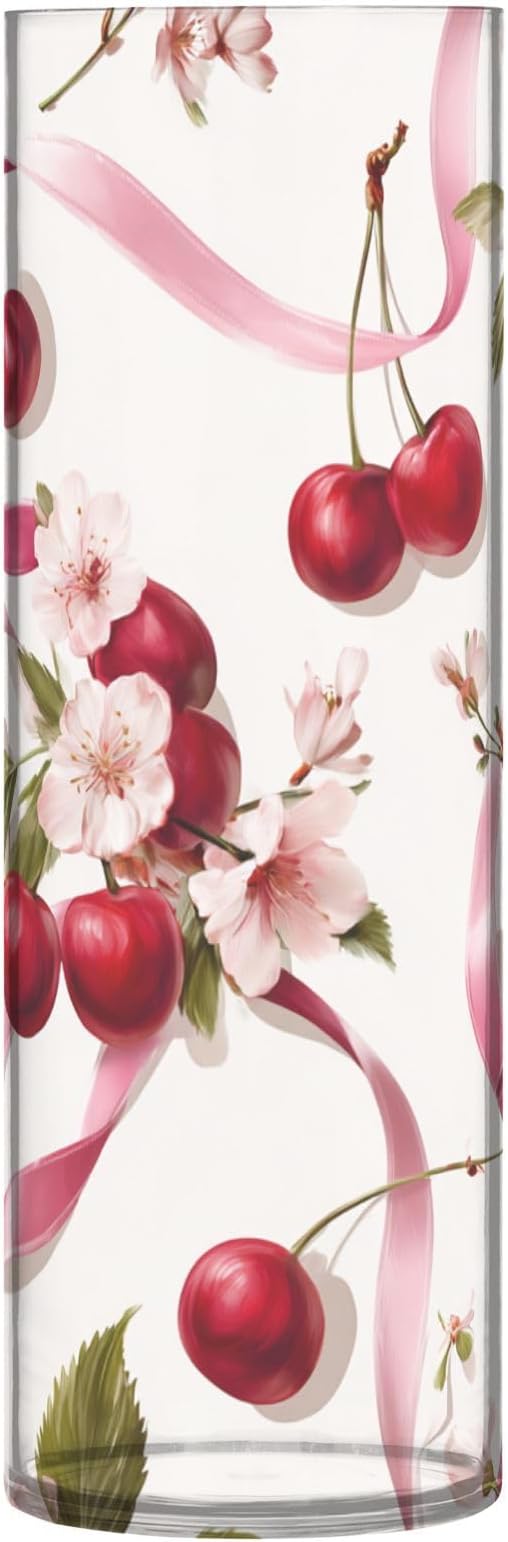 Flower Vase Clear Plastic Cylinder Vases Decor for Centerpieces Home Storage Office Weddings Pink Floral Cherries and Ribbons 11.8 x 3.9 in