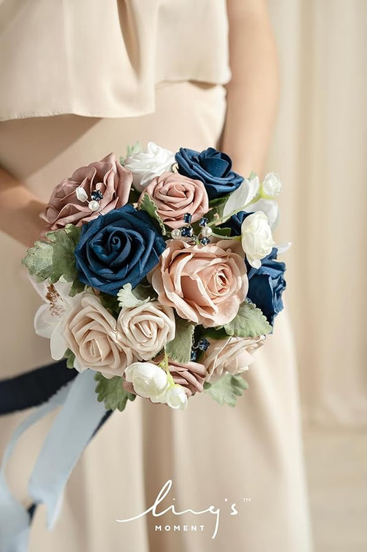 Ling's moment Artificial Flowers Dusty Rose Pink & Navy Blue Bridesmaid Bouquet Set of 4, Wedding Flowers Bouquets for Bridesmaids, 7 Inch Bridal Bouquets for Bridesmaids, Wedding, etc