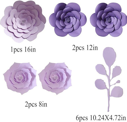 3D Party Paper Flower Decoration Artificial Paper Flower Decorations with Leaves Wall Flower Decor (Lt-Purple Purple Set) Wedding Bridal Shower Nursery Baby Shower Flower Backdrop Decor