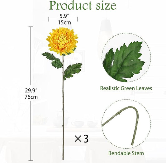 Hollyone 3Pcs Fake Mums Flowers Yellow Artificial Chrysanthemum Flowers Silk 30" Long Stem Floral Arrangements Bouquets Faux Spider Mum Flower Pincushion Flower Bush Spring Home Decor