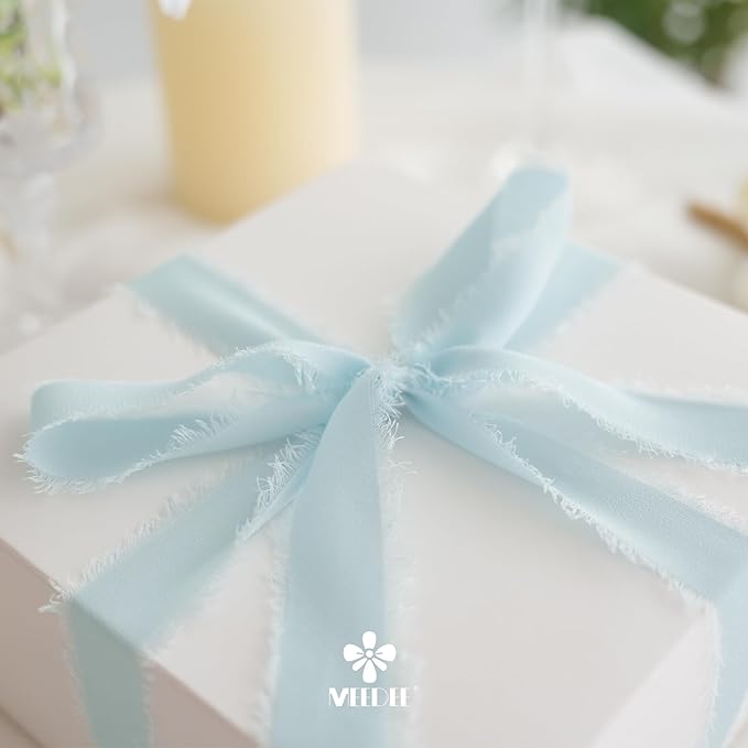 MEEDEE Aqua Chiffon Ribbon 1 Inch Fringe Ribbons Blue Chiffon Silk Frayed Edge Ribbon Thin Chiffon Ribbons for Crafts, Gift Wrapping, Wedding Invitation (3 Rolls 21 Yards)