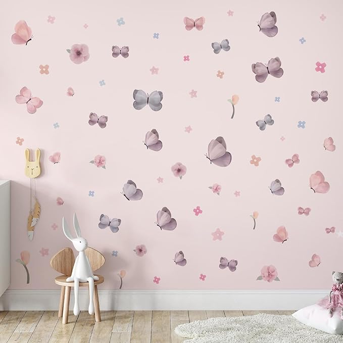 Watercolor Butterfly and Flower Wall Decals Peel and Stick - 70 PCS Flower Butterfly Wall Decor for Girls Room, Nursery, Kids Bedroom, Home Art Decals