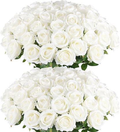 Jasion 50PCS Artificial Roses Realistic Velvet Silk Fake Flowers Long Stem Faux Flowers Bouquet for Wedding Home Party Table Centerpieces Decoration (White)