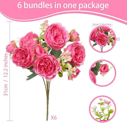 6 Pcs Peonies Artificial Flowers Bulk, Blush Pink Silk Peonies Fake Bouquet for Floral Centerpieces, Red Realistic Faux Peony Flower for Flower Arrangements Wedding Decoration vase