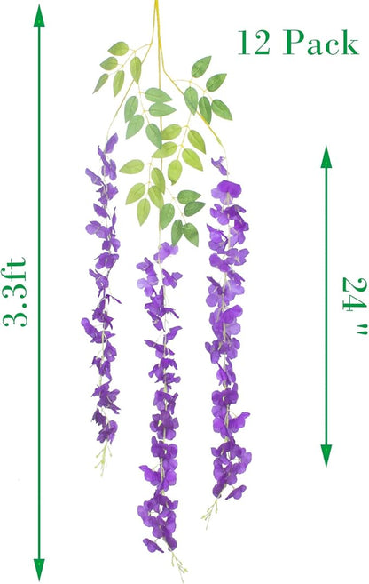 12 Pack Artificial Flowers Silk Wisteria Vine Ratta Hanging Flower (Blue)