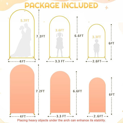Metal Arch Backdrop Stand Set of 3 with Cover 7.2FT, 6.6FT, 6FT Wedding Arch Stand Arched Frame and Peach Arch Covers Stretchy Backdrop Spandex for Birthday Party Baby Shower Graduation Ceremony Decor