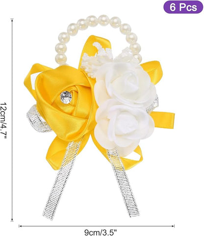 MECCANIXITY 6Pcs Wrist Corsage Artificial Flower Bracelets Rose Wrist Bride Groom Decorative for Wedding Ceremony Prom Party Anniversary Gold Tone