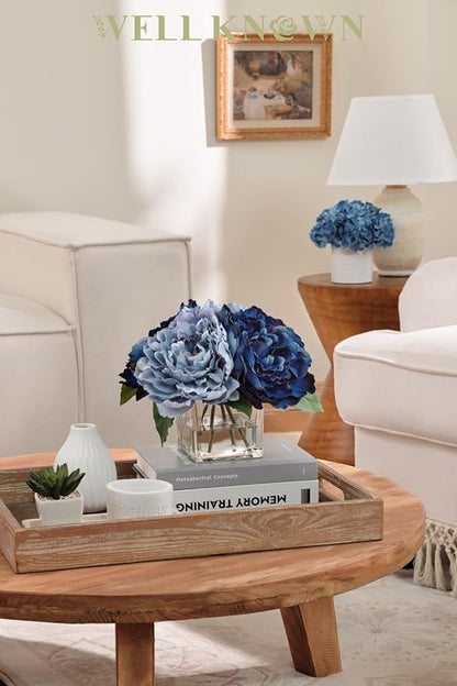 Artificial Peonies Flowers Arrangements in Cube Glass Vase, WELLKNOWN Silk Flower Centerpieces for Dining Room Table, Coffee Table Decor, Faux Peony Flowers with Faux Water (Bicolor Blue)