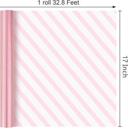 Merture Pink Wrapping Paper Roll Reversible - 17 In X 32.8 Ft(46.5 sq.ft.) Metallic Pink and Stripe Design Gift Wrap for Mothers Day, Wedding, Birthday, Christmas, Baby Shower, Valentines Day