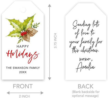 Andaz Press Personalized Christmas Holiday Season Classic Gift Tags, Happy Holidays Custom Family Name and Year, Holly Leaf Design, for Holiday Events, Parties, and Favors, 60-Pack