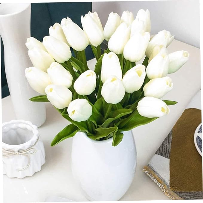 Artificial Tulips Flowers Real Touch Tulips Holland PU Bouquet Latex Flower White for Wedding Party Office Home Kitchen Decoration 30pcs (White) Artificial