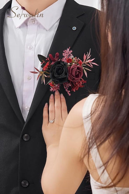 Serwalin Set of 2 Boutonniere for Men, 6-7inch Corsage Groom Groomsman Best Man Boutonnieres for Wedding Prom Ceremony Anniversary Party Cake Topper, Black Burgundy