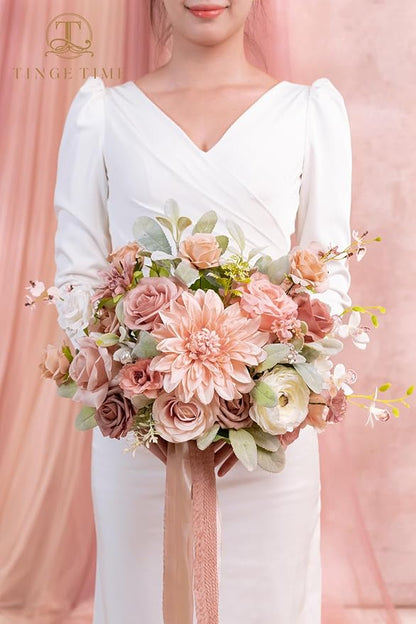 TINGE TIME 13 Inch Wedding Bouquets for Bride,Bridal Bouquet for Bride, Artificial Silk Flowers for Wedding Ceremony and Anniversary (Dusty Rose & Cream)