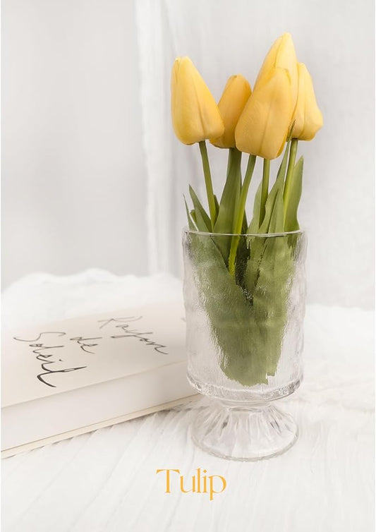 18in Artificial Tulip Flowers, 5 Pcs Realistic Soft Latex Faux Tulips with Bendable Stems for Home Office Kitchen Decor, Wedding, Party, Vase Arrangement- Yellow