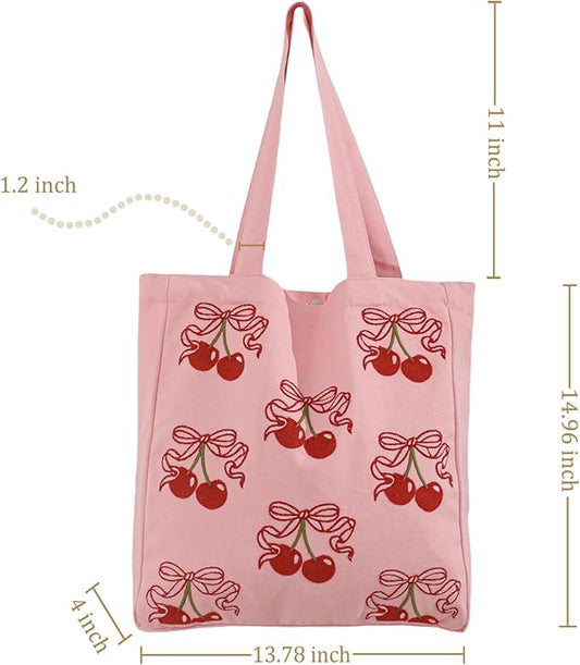 Aesthetic Embroidery Tote Bag for Lady Cute Reusable Canvas Shoulder Bag for Girls Women Shopping Grocery