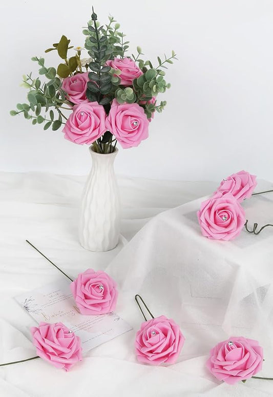 Pink Roses with Crystal 50PCS Artificial Roses with Stems2.95 Realistic Fake Roses Pink Foam Flowers for DIY Craft Corsage Wedding Bridal Shower Centerpieces Table Decor (Pink)