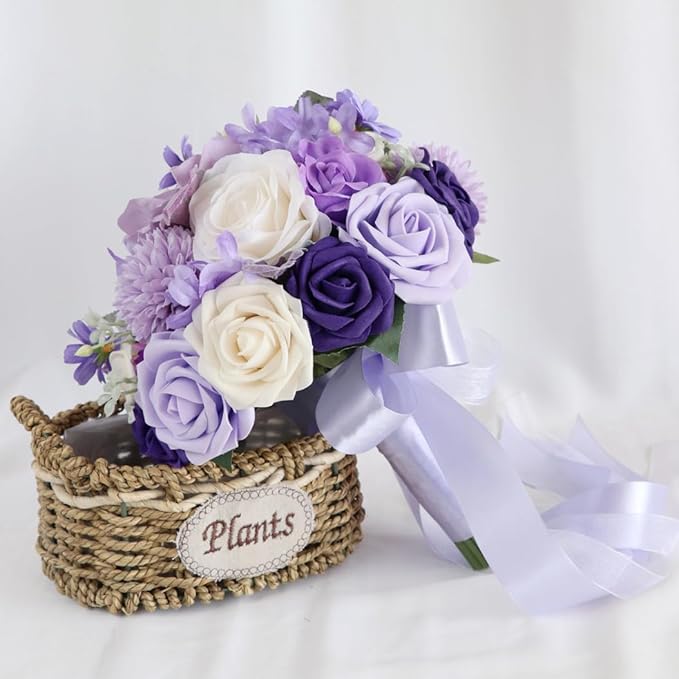 S_SSOY Wedding Bouquet Bride,Bride Bridal Bouquet Bridesmaid Artificial Flowers for Ceremony Anniversary Party Bridal Shower Decoration Wedding Bouquets (Lilac Purple)