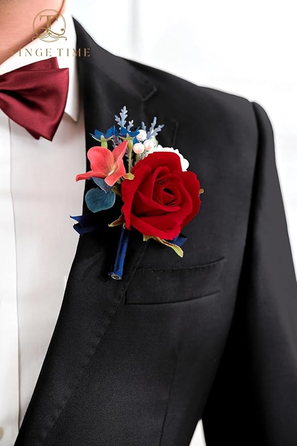TINGE TIME Boutonniere for Men Wedding,Groom and Best Man Boutonniere for Wedding Ceremony Anniversary, Formal Dinner Party and Rustic Spring Wedding Marriage (10, Red & Navy Blue)
