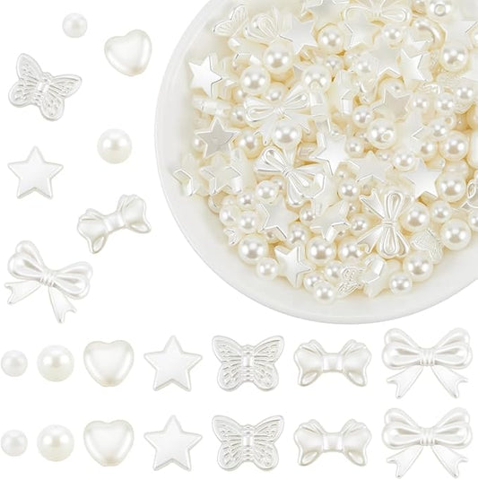 1 Box 7 Styles 700PCS Pearl Beads Kit with Hole Floral White ABS Plastic Heart Star Round Bow Assorted Imitation Pearls Loose Bead for Jewelry Making Bracelet Necklace DIY Crafts Supply