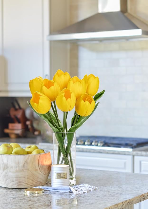 Briful Fake Flowers Artificial Tulip Flower in Clear Vase, Yellow Real Touch Foam Tulip Arrangement Suitable for Home Office Decoration, Dining Table Centerpiece