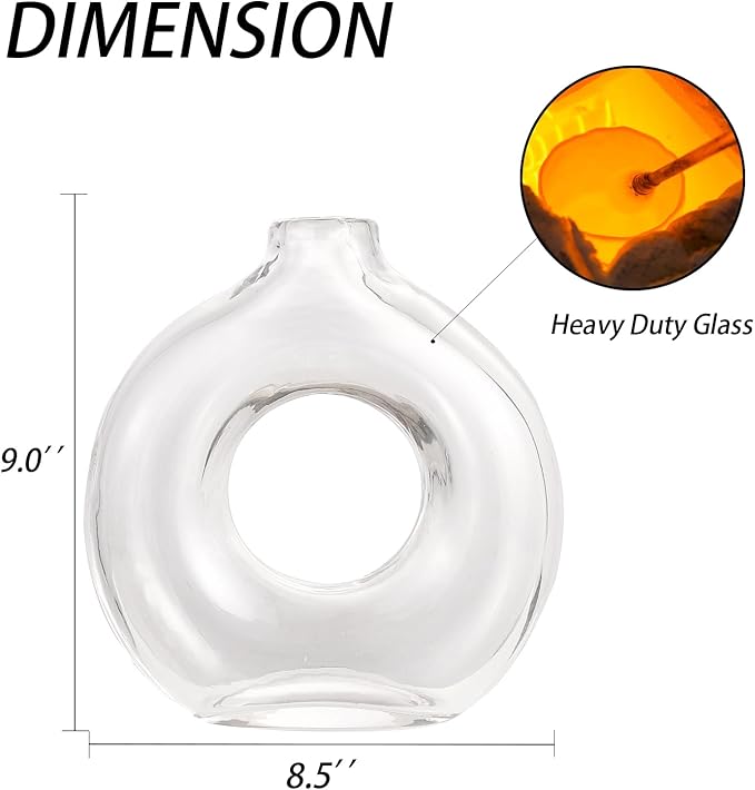 Glass Donut Vase, Clear Donut Vase, Round Glass Vases for Flowers, Modern Vases for Home, Living Room, Dining Table, Entryway, Mantle, Shelf, Wedding, Office, Coffee Table