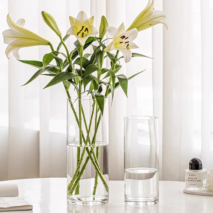 Olrla Acrylic Cylinder Vase 3 Pieces Set, Height 7.87‘’ and 9.8'' Shatter-Proof Plastic Cylindrical Flower Vases for Wedding Centerpieces, Home Office Decorations
