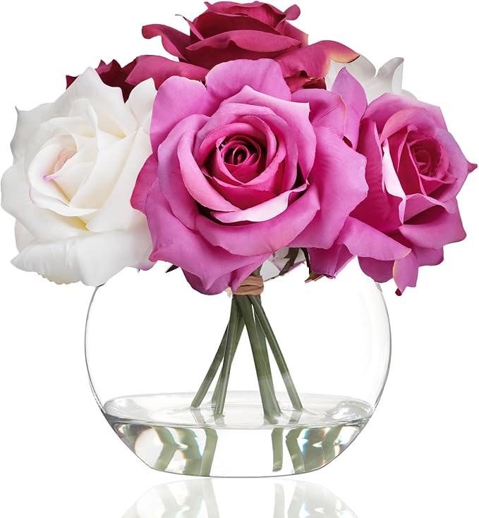 WELL KNOWN Artificial Flowers with Vase, Artificial Rose Flower Arrangements, Silk White & Pink Roses Bouquet in Glass Vase with Fake Water for Home Office Hotel Wedding Party Dinning Table Decor Gift