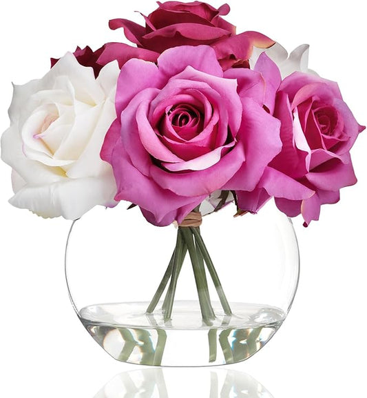 WELL KNOWN Artificial Flowers with Vase, Artificial Rose Flower Arrangements, Silk White & Pink Roses Bouquet in Glass Vase with Fake Water for Home Office Hotel Wedding Party Dinning Table Decor Gift