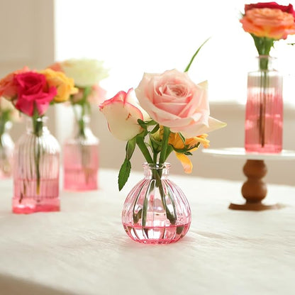 Pink Vase, Glass Bud Vases Set of 12, Small Pink Glass Vases for Flowers Colored Ribbed Flower Vase for Decor Bud Vase in Bulk Vintage Decor Bridal Shower Wedding Centerpieces Home Table Decoration