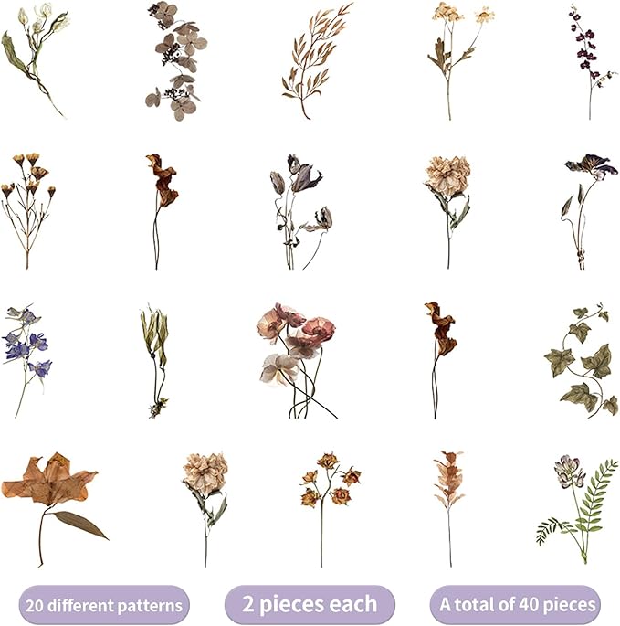 Natural Flower Sticker for Scrapbooking,PET Nature Plant Stickers Floral Stickers Vintage Craft Sticker,for Journaling Scrapbooking Clear Flower Decal (Style A)