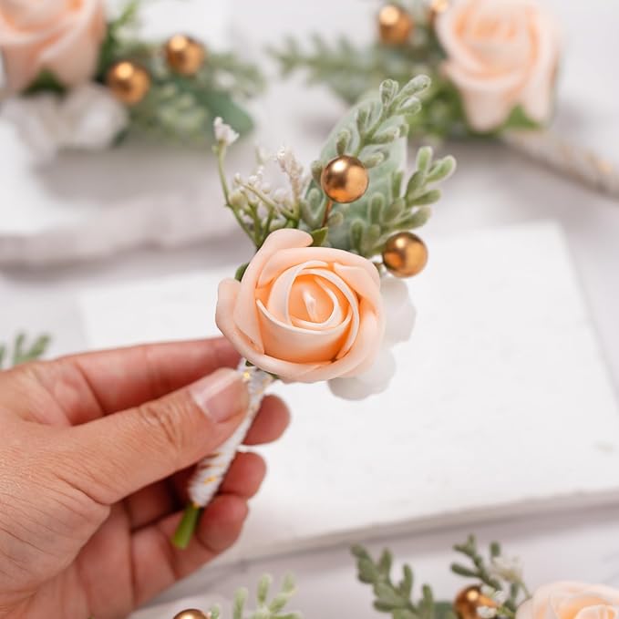 Meldel Champagne Boutonniere for Men Wedding, Set of 6, Groom Groomsman Boutonniere, Mens Boutonnieres for Wedding Prom Ceremony Anniversary Party Homecoming Graduation
