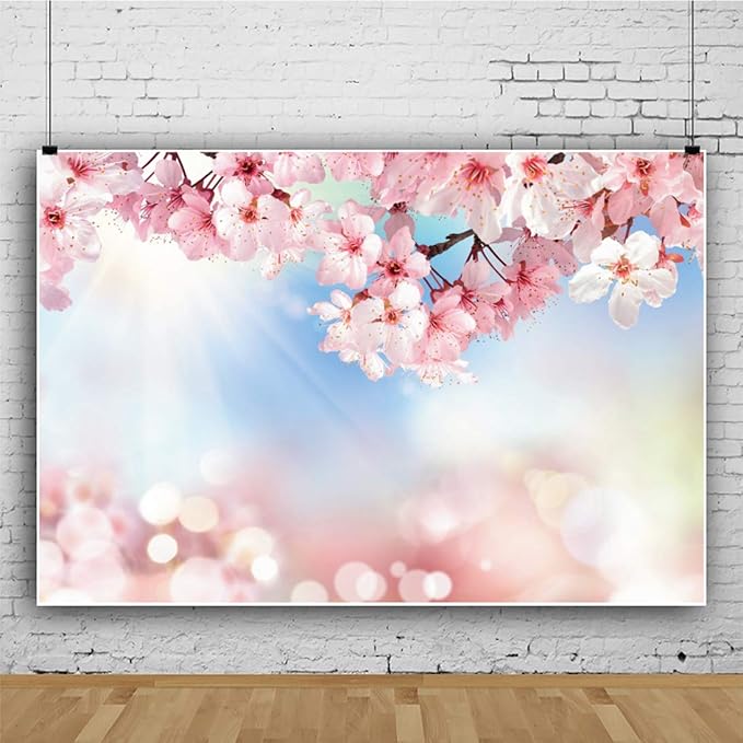 Renaiss 7x5ft Cherry Blossom Floral Backdrop Pink Flower Sunshine Bokeh Romantic Nature Scenery Photography Background for Wedding Bridal Shower Birthday Party Decor Photo Booth Props