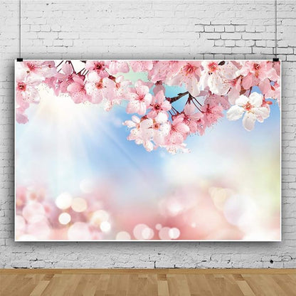 Renaiss 6x4ft Cherry Blossom Floral Backdrop Pink Flower Sunshine Bokeh Romantic Nature Scenery Photography Background for Wedding Bridal Shower Birthday Party Decor Photo Booth Props