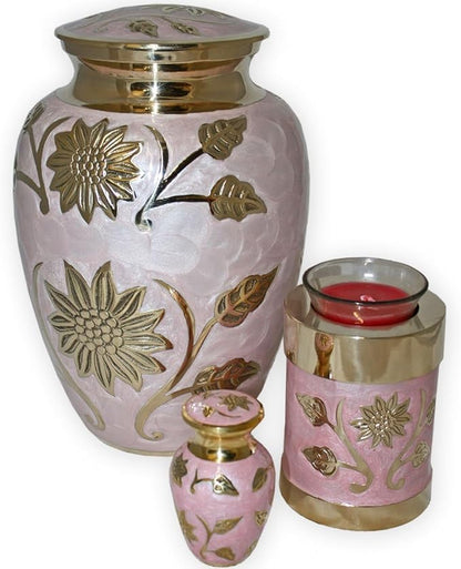 Pink Garden Brass Tealight Cremation Urn | Unique Brass Funeral Urn with Gold & Pink Enamel Details | Tealight
