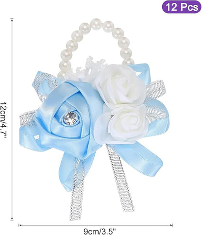 MECCANIXITY 12Pcs Wrist Corsage Artificial Flower Bracelets Rose Wrist Bride Groom Decorative for Wedding Ceremony Prom Party Anniversary Sky Blue