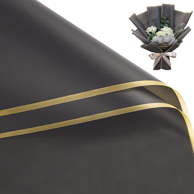 WRAPAHOLIC 20 Sheets Flower Wrapping Paper - 22.4 x 22.4 inch Gold Trim Dark Grey Water-Resistant Floral Bouquet Wrapping Paper, Florist Supplies Packaging Paper for Wedding Birthday Gift DIY