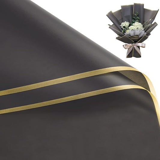 WRAPAHOLIC 20 Sheets Flower Wrapping Paper - 22.4 x 22.4 inch Gold Trim Dark Grey Water-Resistant Floral Bouquet Wrapping Paper, Florist Supplies Packaging Paper for Wedding Birthday Gift DIY