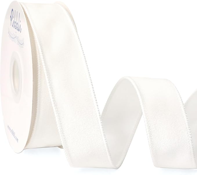 Ribbli White Velvet Wired Ribbon 1.5 Inch Velvet with Satin Christmas Ribbon for Gift Wrapping Christmas Tree Decoration Crafts Wreaths Supplies-Continuous 10 Yards