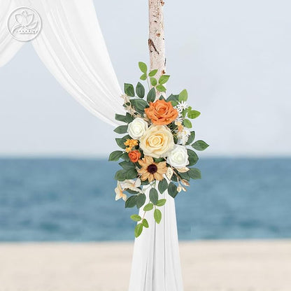 Wedding Arch Flowers Kit,Artificial Flower Arch Decor (Set of 3),2pcs Artificial Flower Arrangement with 1pc Sheer Drape for Wedding Decor Reception Backdrop Floral Decorations (Coffee Orange)