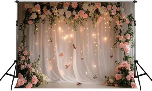 7x5ft Pink White Rose Flowers Wedding Backdrop White Curtain Glitter Light Butterfly Decoration Photography Background Children Baby Shower Birthday Party Shoot Backdrop for Video Studio Prop