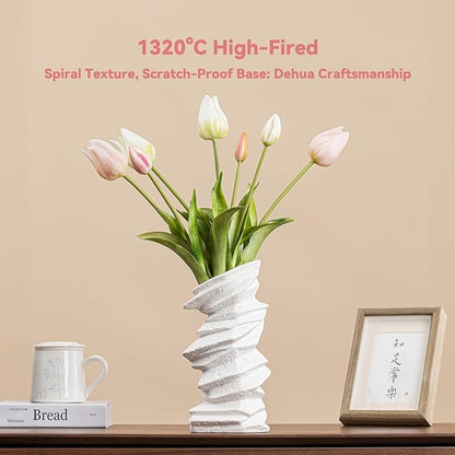White Ceramic Vase with Spiral Wave Texture - 10" Unique Flower Vase for Pampas Grass & Centerpieces, Decorative Boho/Farmhouse Vase for Living Room, Office Desk & Housewarming Gift (for Her/Yourself)