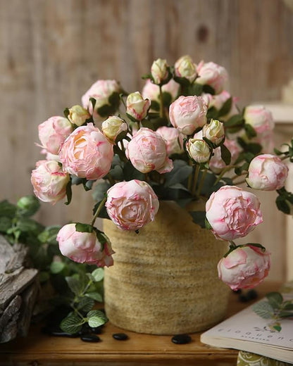 Pink Peonies Artificial Flowers 2 Bouquets Vintage Peonies 18pcs Pink Peonies with Single Long Stems Silk Flowers for Wedding Decoration Bride Bouquet Flowers Crafts Floral Arrangement (Pink)