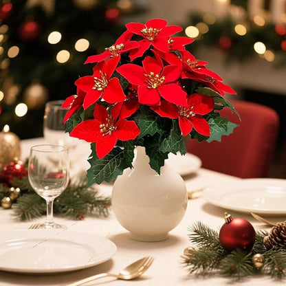 6 Pack Red Christmas Artificial Poinsettia Flowers Faux Poinsettia Bush Bouquets Silk Poinsettia Christmas Tree Ornaments Poinsettia Flower Arrangement for Home Decor