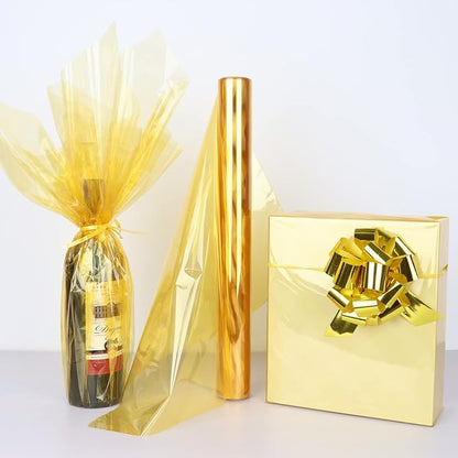 CMFYHM Iridescent Gold Cellophane Wrap Roll I 34 In Wide X 100 Ft Long I Colorful Cello Perfect For Baskets,Gifts, Treats,Birthday Holiday Wedding Floral, Party Arts Crafts Decoration (Gold)