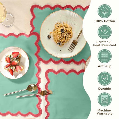 Folkulture Christmas Placemats | Set of 4, 13 x 19 Inches 100% Cotton Boho Place Mats or Heat Resistant Table Mats | Red Placemat or Green Table Place Mats | Christmas Table Decorations