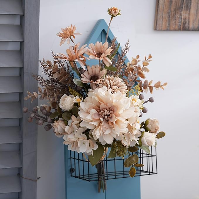 16-inch Artificial Fake Flowers Silk Table Arrangements Faux Plastic Floral Centerpieces for Home with Roses, Dandelions, Daisies, Hydrangea, Eucalyptus, Chrysanthemums and Hollyberries
