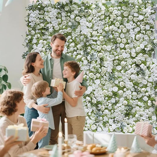 8x8ft(2 pcs of 4ftx8ft) Artificial Silk Fabric Flower Wall Cloth-Based Background 5D White Rose Fabric Rolling Up Floral Backdrop for Wedding Baby Shower Party and Home Decor