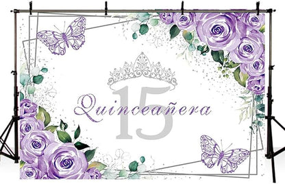 SENDY 8x6ft Quinceañera Backdrop Mis Quince 15 Anos Birthday Party Decoration Supplies for Girl Princess Purple Floral Butterfly Silver Crown Photography Background Banner Photo Booth Studio Props